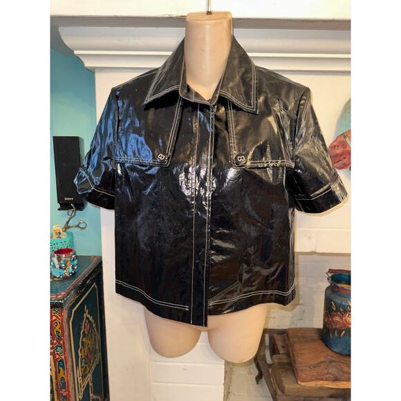 LAFAYETTE 148 LINEN COTTON SHINY BLACK SHORT SLEEVED CROP JACKET - Picture 1 of 6